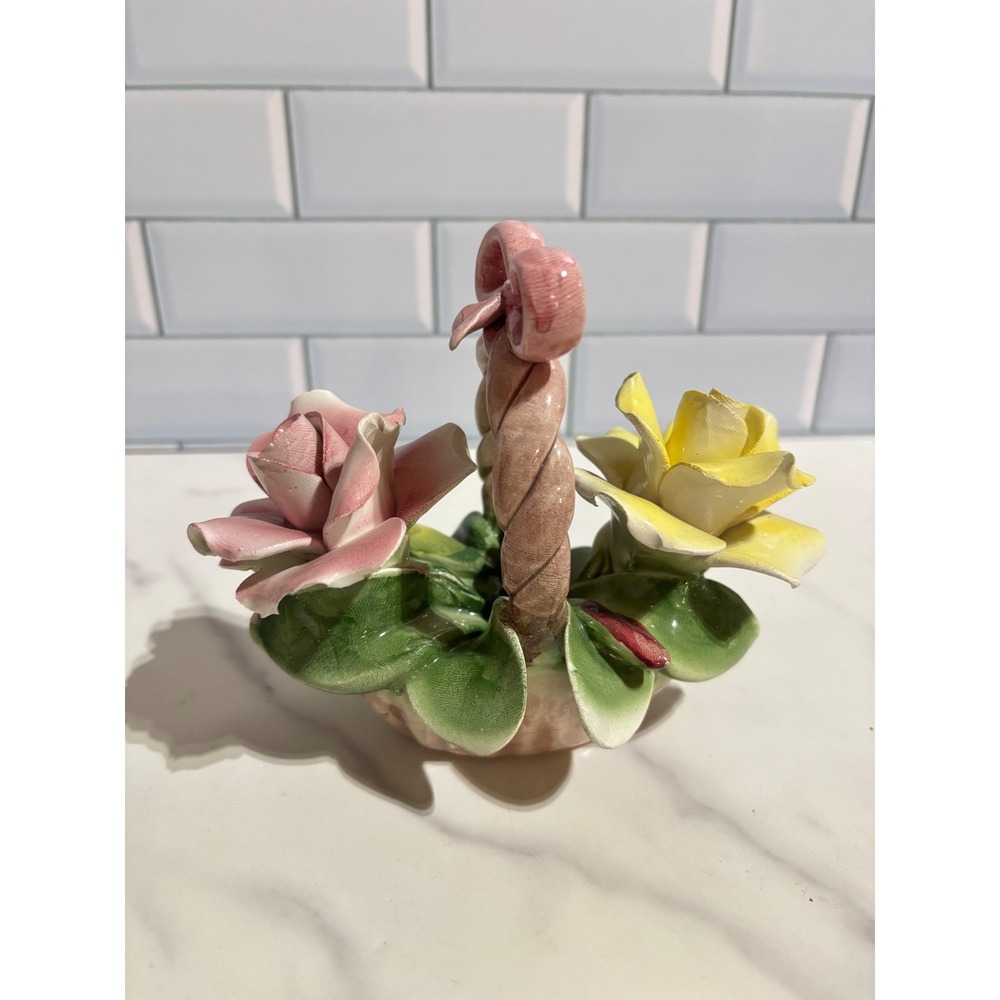 Vintage Capodimonte Italian Porcelain Flower Basket Pink Yellow Roses Figurine